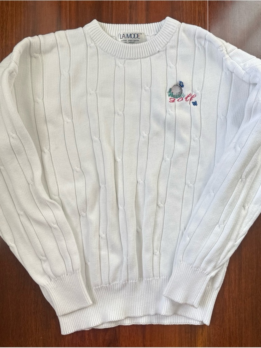 La Mode Size Large Women’s White Cable-Knit Golf Sweater, Vintage 80s-90s
